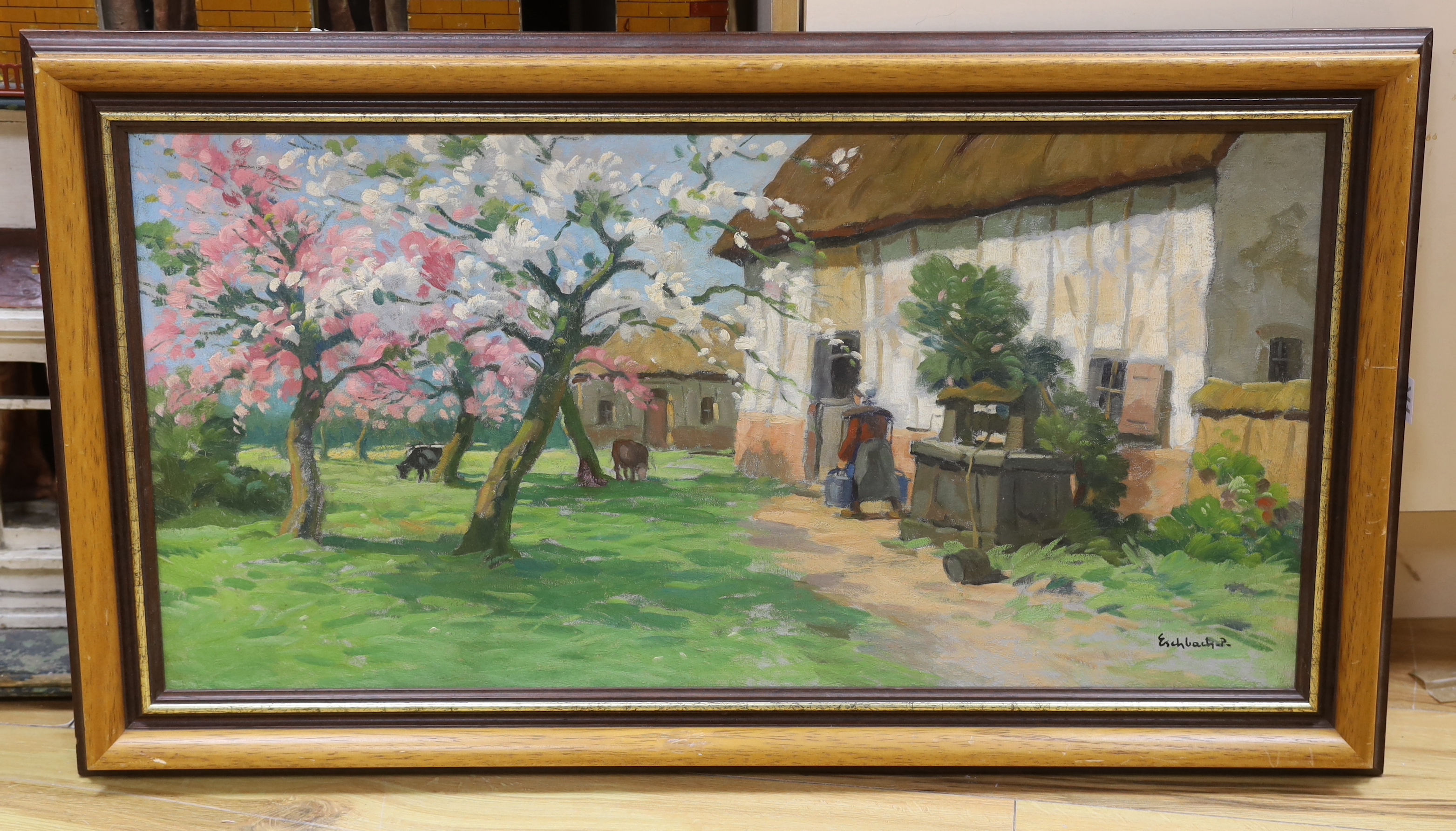 Paul André Jean Eschbach (French, 1881-1961), oil on canvas, 'La chaumière au printemps', signed, 39 x 79cm